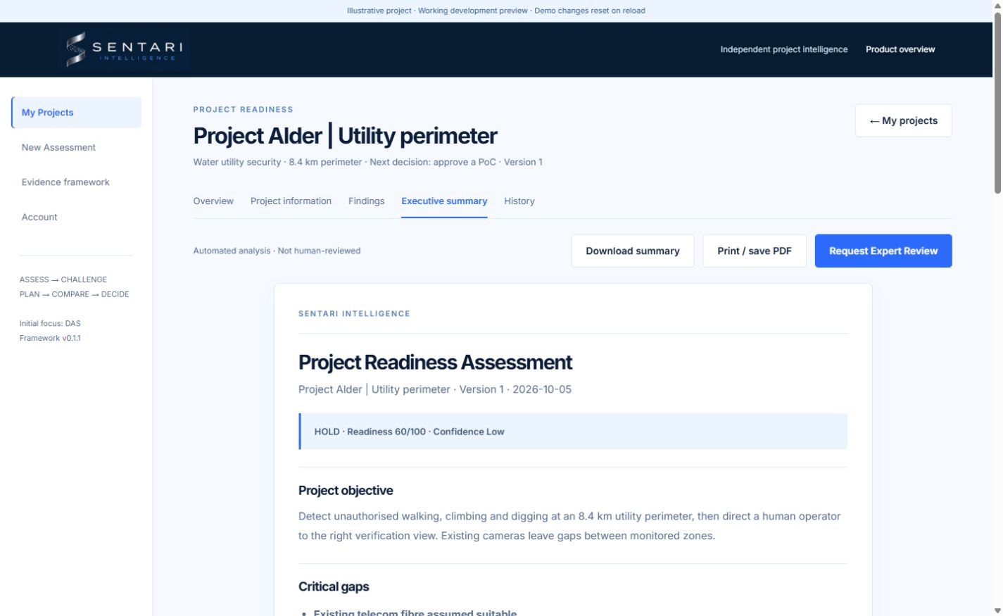 Actual executive summary for Project Alder showing the HOLD decision and critical gaps